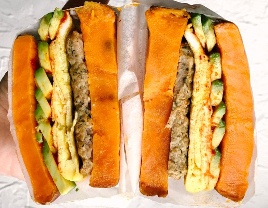Chicken Sausage Breakfast Sandwiches with Sweet Potato Buns