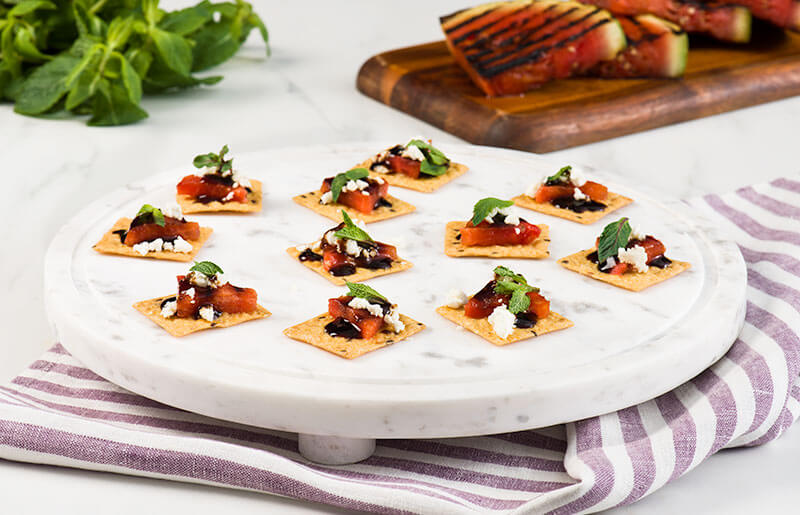 Grilled Watermelon, Feta, and Balsamic Cracker Canapes