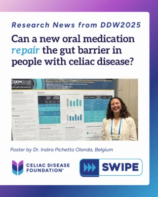 💊 Can a new oral medication repair the gut barrier in people with celiac disease? At #DDW2025 Dr. Indira Pichetto Olanda presented a recent clinical trial of IMU-856, a new oral medication designed to help repair damage to the gut barrier caused by celiac disease. In a recent clinical trial IMU-856 was absorbed in the bloodstream effectively, even with damaged gut lining—It may help the gut lining heal faster and more effectively. #CeliacDisease #Celiac #GutHealth #CeliacResearch #GutHealing